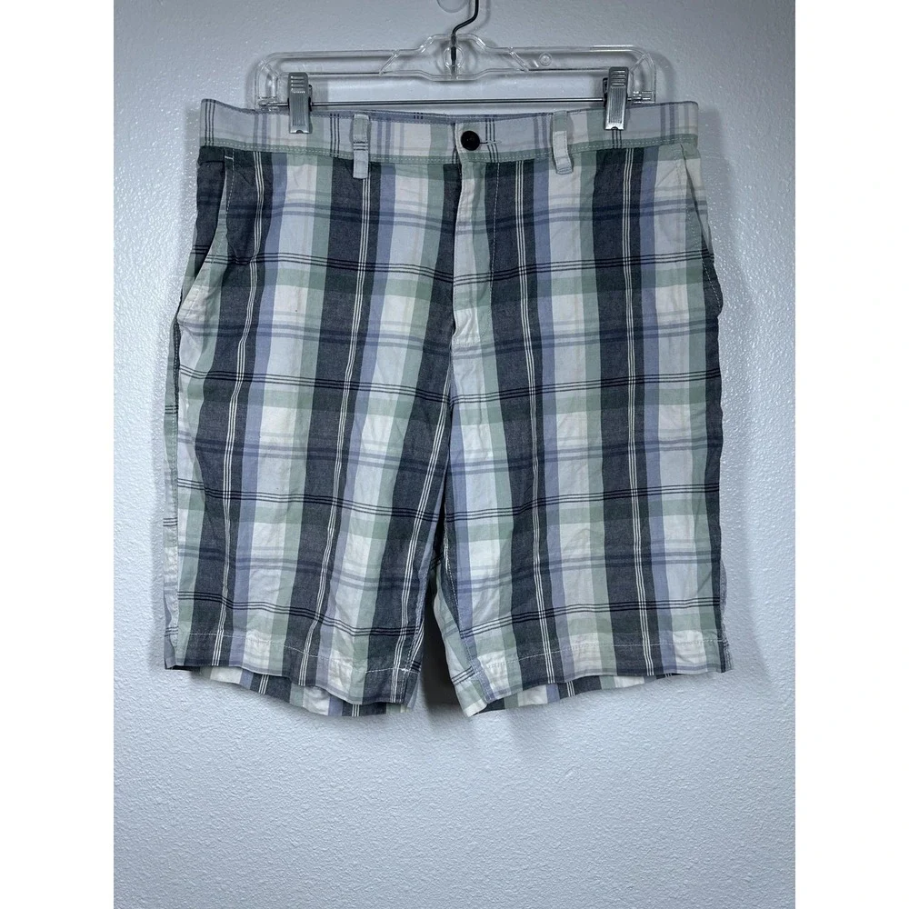 Sonoma Shorts Mens‎ 34 Gray Green Blue Plaid 100% Cotton Casual Classic